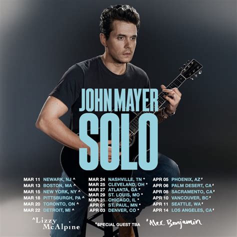 John mayer solo tour 2023 - April 11, 2023 @ 7:30 pm. For the first time in his career, trailblazer John Mayer has set a groundbreaking solo acoustic tour for spring 2023. 20 years in the making, this audacious trek features solo performances by Mayer, leaning heavily on his acoustic guitar work with special performances on piano and electric guitar.